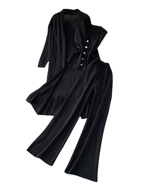 الخريف الشتاء فضفاض Sle منتصف طول محبوك سترة مفتوحة معطف سترة سيدة + بنطال ذو قصة أرجل واسعة تي شيرت مجموعة Faionable Casu...