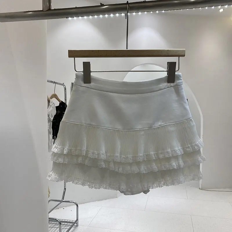

Sweet Lace Satin A- Line Mini Skirt Women's High Waist Ballet Style Short Skirts Summer Fashion Color Solid Decoration Baking