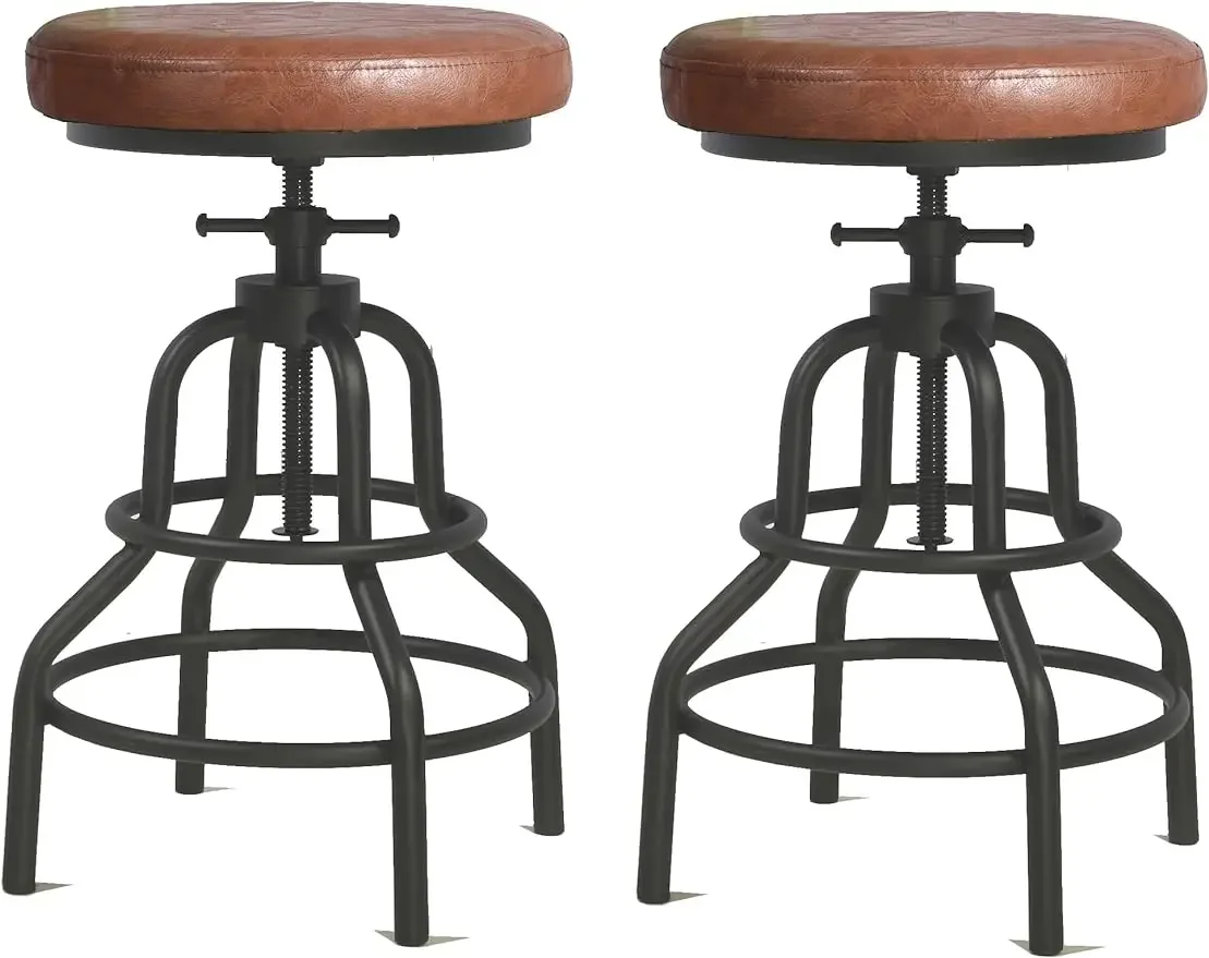 

LOKKHAN Industrial Bar Stools-Swivel Leather Metal Bar Stool-20-27 Inch Tall Counter Height-Adjustable Kitchen Stool