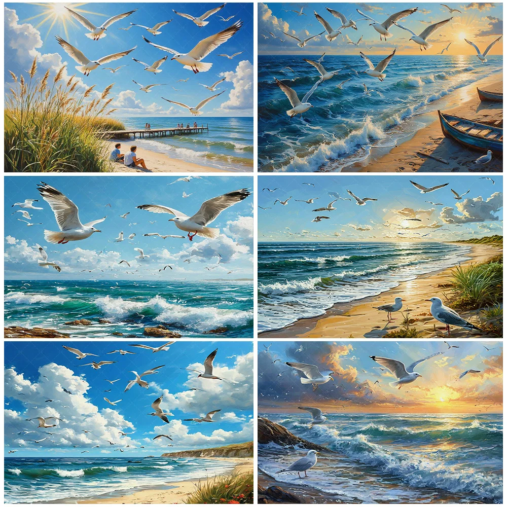 

Summer Sunrise Seaside Beach Theme Backdrop Sunshine Seagull Fling Bird Hanging Cloth Living Room Decorations Baby Shower Supply