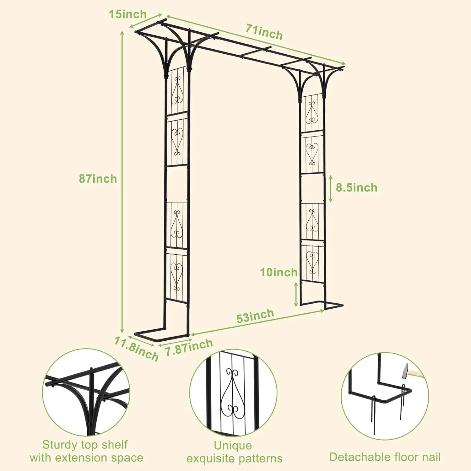 Garden arched branches with ground stakes, steel frame support grid frame