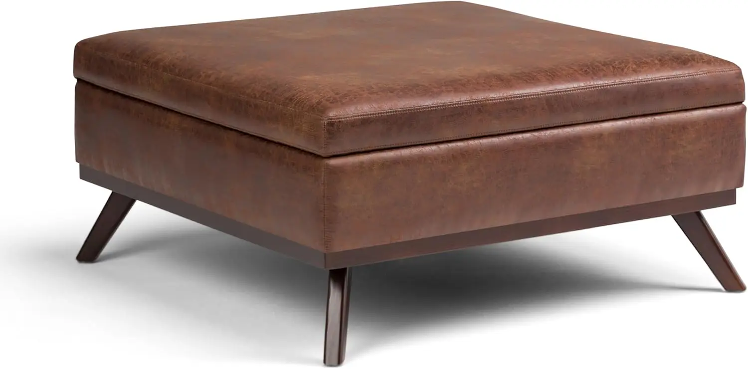 

SIMPLIHOME Owen 36 Inch Wide Mid Century Modern Square Coffee Table Lift Top Storage Ottoman Upholstered Distressed Saddle Brown