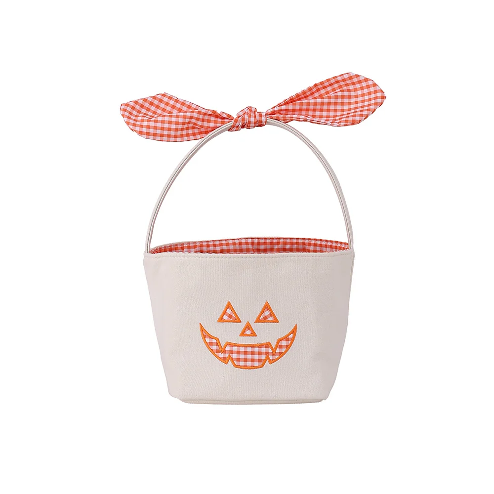 Kleiner Kürbis-Halloween-Korb aus Segeltuch, Süßigkeiten-Eimer mit Gingham-Schleifengriff für Kinder, Trick-or-Treat-Party-Dekoration – Detail 6