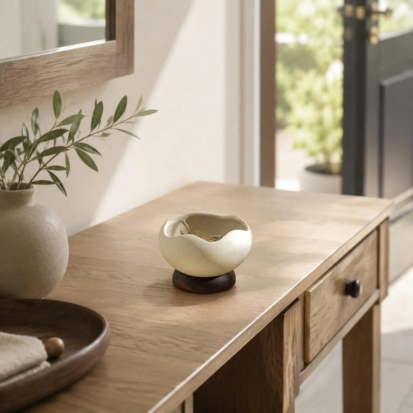 Shaped Ceramic Storage Bowl Low-Profile Bowl with Wooden Footed Base Handmade