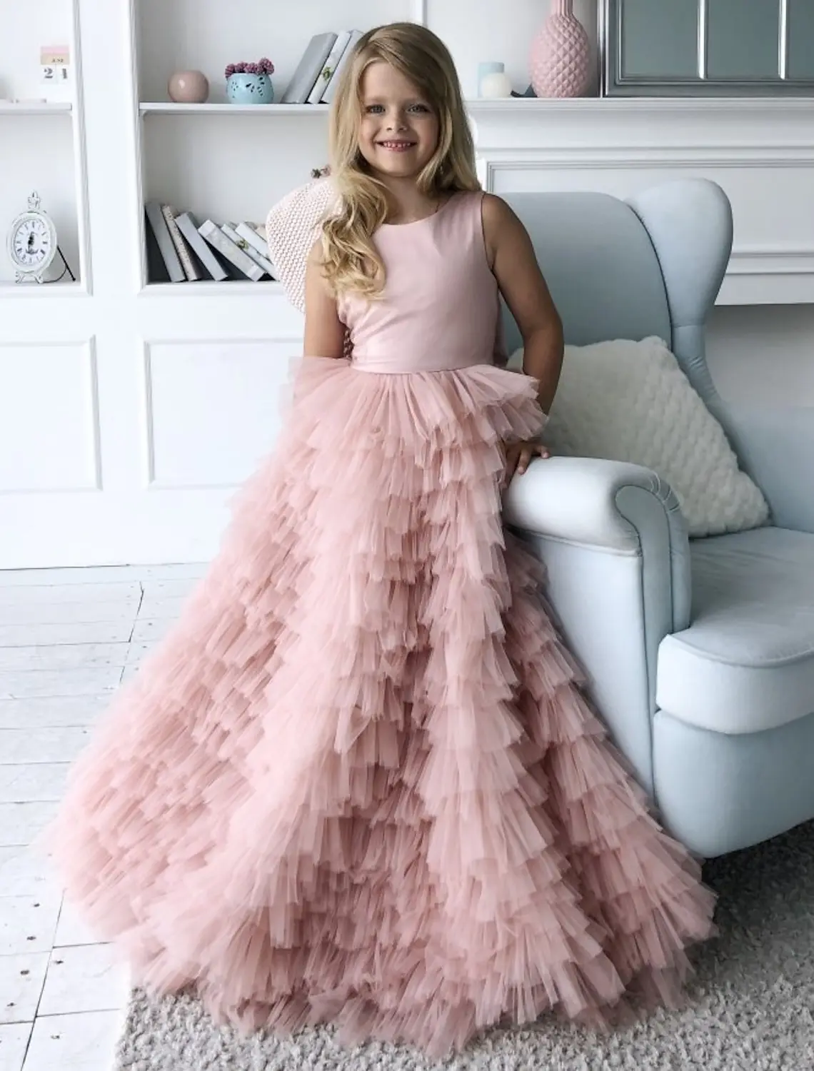 Princess Sweep Brush Train Flower Girl Dress Quinceanera Girls Cute Prom Dress Satin with Bo Open Back Tiered Fit All Size