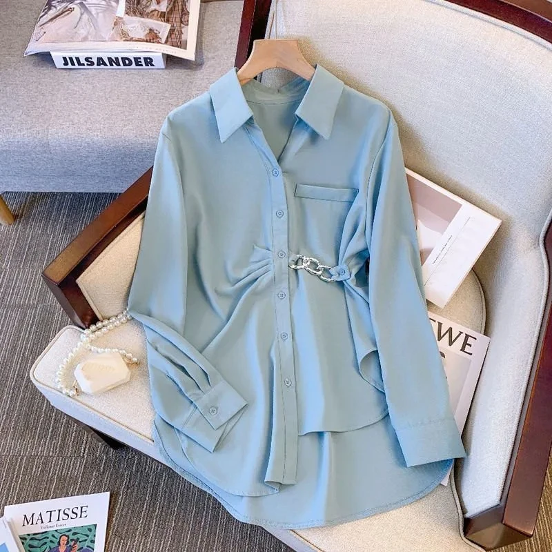 

Асимметричная цепочка с рюшами в деловом стиле, повседневная элегантная шикарная рубашка на пуговицах для женщин, корейские модные блузки с длинными рукавами, топы ZT413