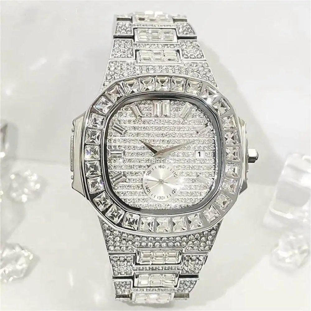 Luxury Iced Out Watch For Men Fashion Automatic Date Waterproof Quartz Wristwatch Hip Hop Square Diamond Jewelry Watch Man Reloj