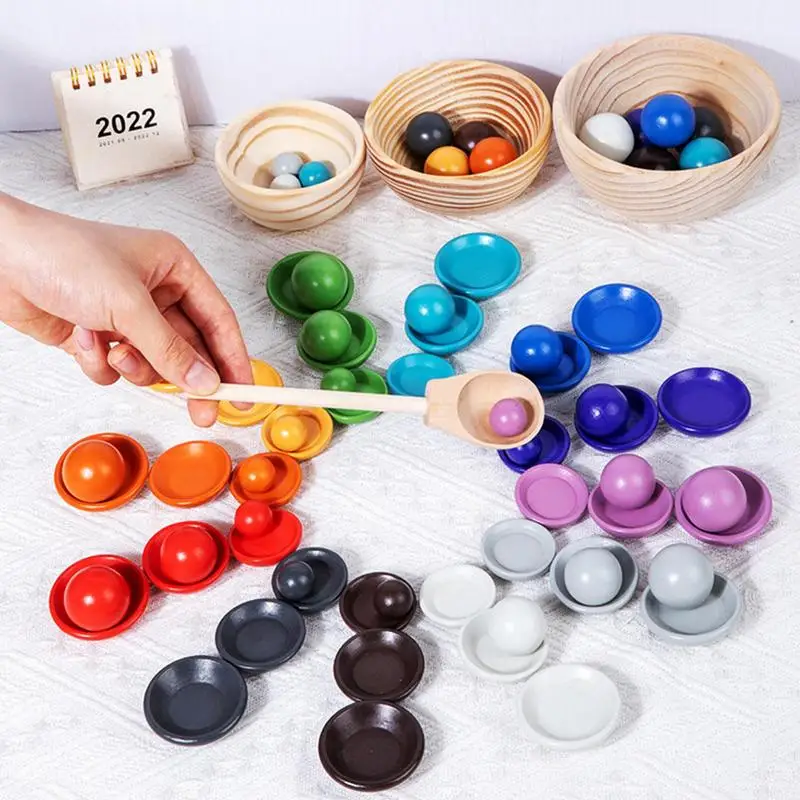 Kids Wooden Montessori Block Toys Color Sorting Bowls Dishes With Balls Sensory Rainbow Cups Small Plates Early Learning Gifts