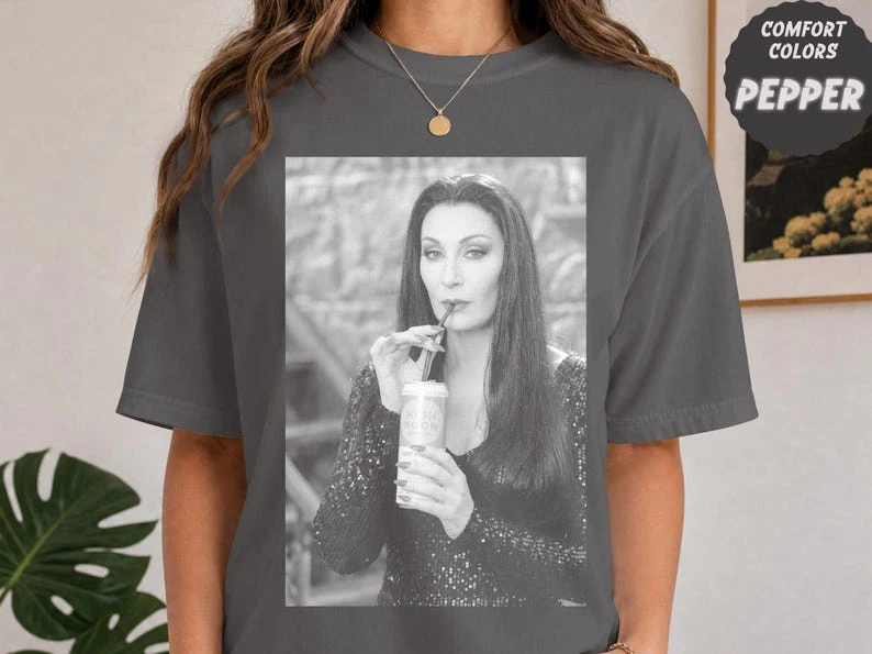 Morticia Seltzer Tee | Gothic Horror Mashup Shirt | Spooky Comfort Colors T‑Shirt | Morticia Drinking Hard Seltzer Graphic