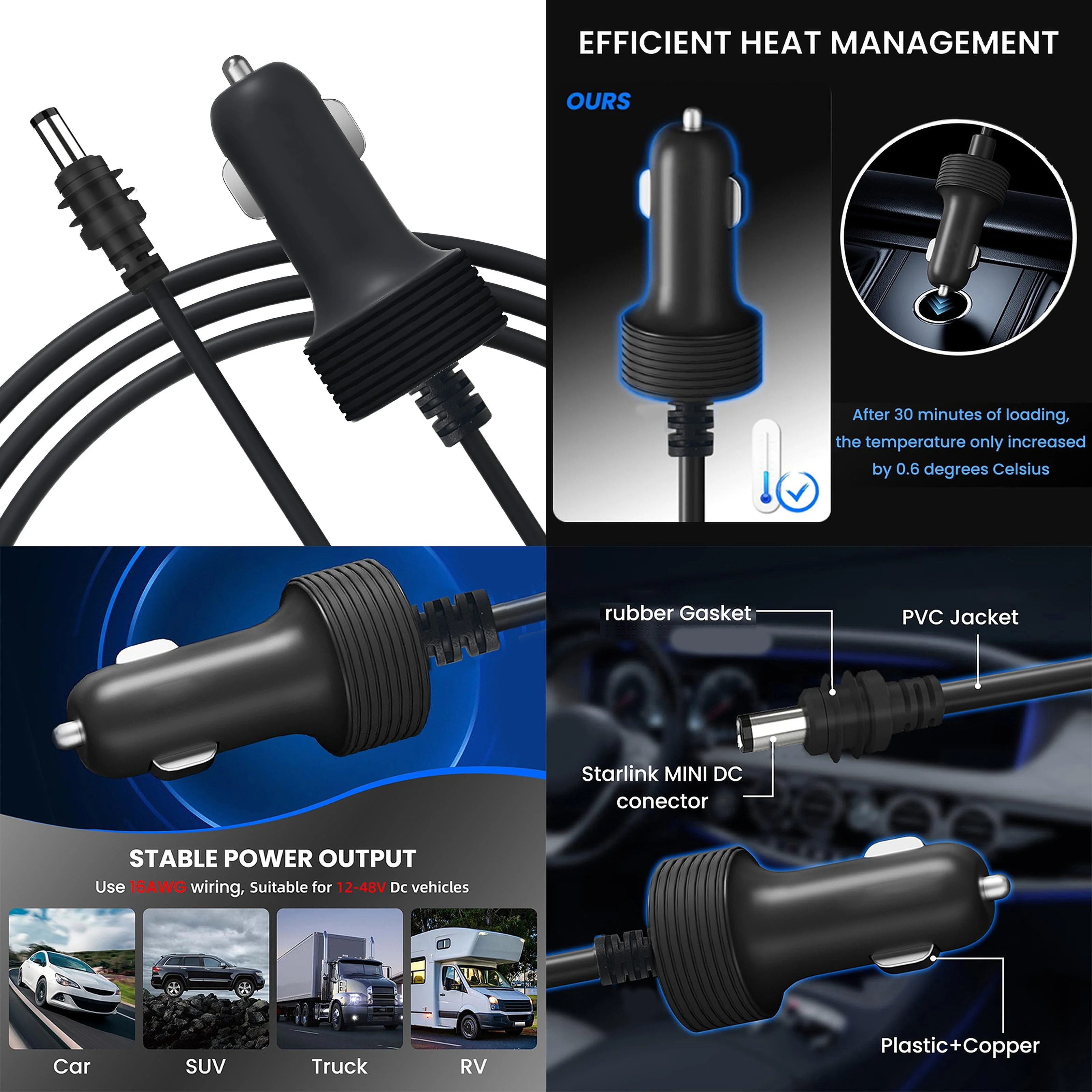 Custom patented Starlink Mini 16AWG DC to automotive cable DC power cable outdoor waterproof StarLink Mini