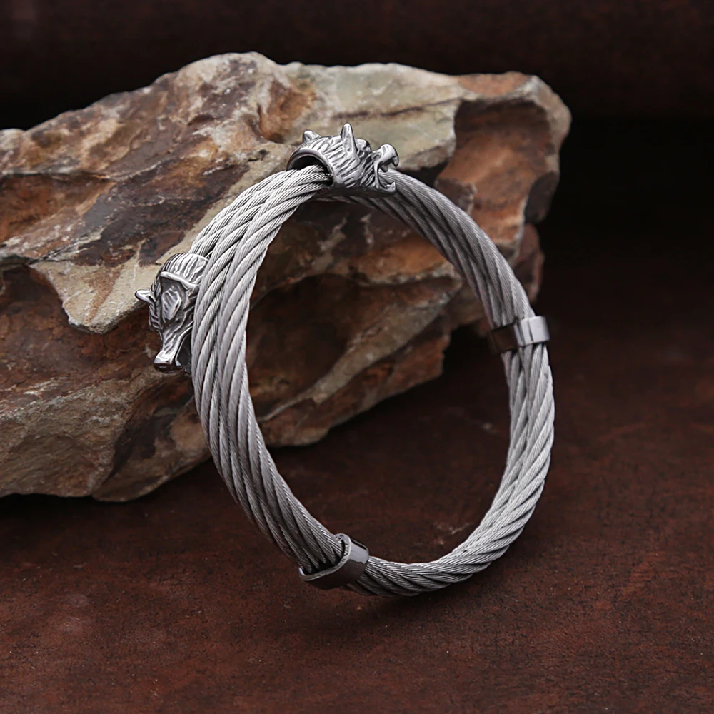 Fashion Retro Viking Wolf Head Bracelet Punk Stainless Steel Simple Domineering Open Bracelets Amulet Jewelry Gift Wholesale