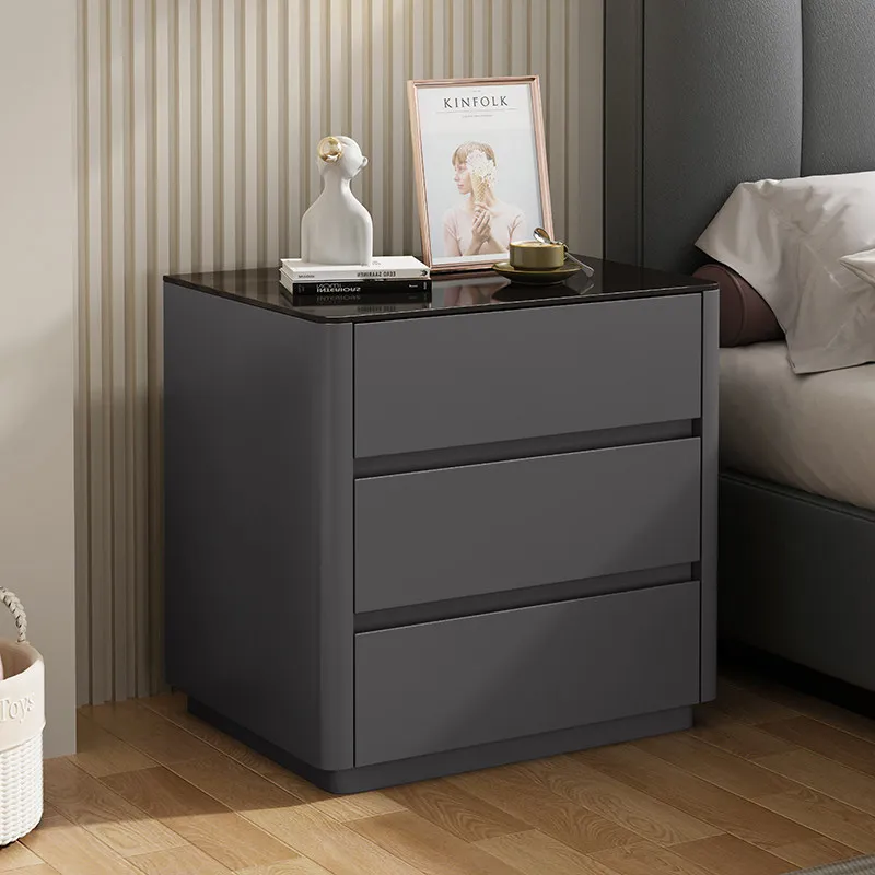 #Solid Wood Black Lacquered Three-Drawer Metal-Top Contemporary Luxury Eco-Friendly Durable Nightstand Premium Living Room