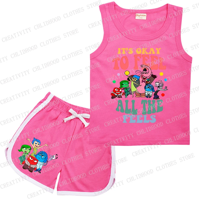 New Inside Out2 Children Sports Suit Kids Disney Joy Sadness Fear Girl Boy Vest & Shorts Casual Clothes Cartoons Sleeveless Sets