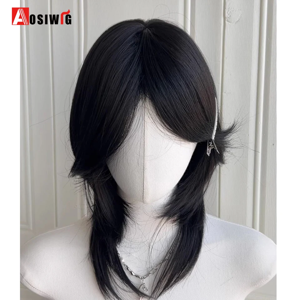 AOSI Short Mullet Head Wigs Synthetic With Bangs Straight Anime Men Black Gray Hair Wig For Daily Party Cosplay Lolita Wig