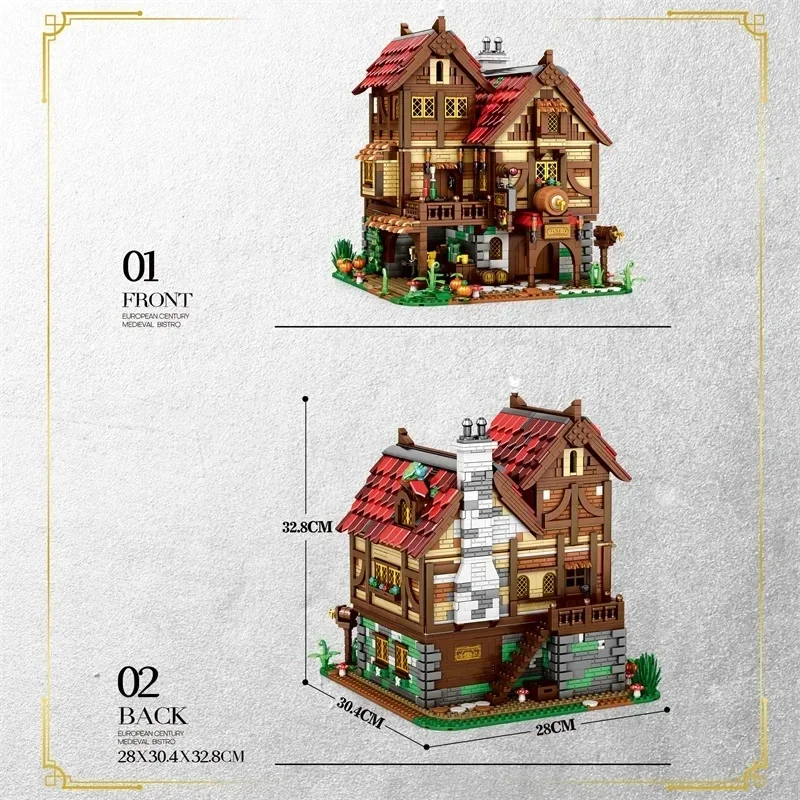 Décennie s de construction médiévaux pour enfants, vue sur la rue européenne, modèle d'architecture, brique MOC, affichage de bureau, ornements, jouet, 3114 pièces