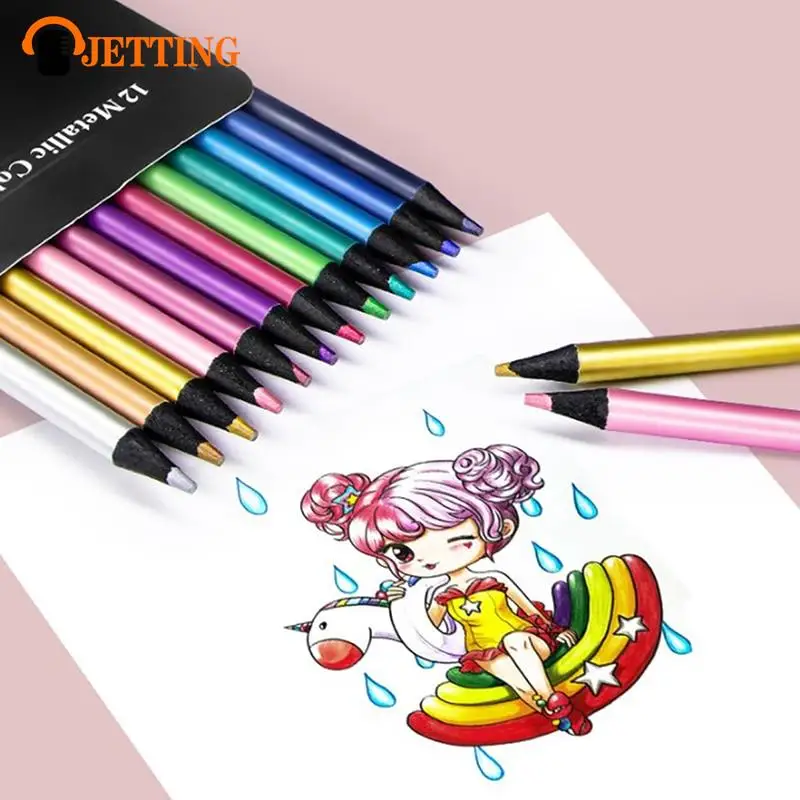 12 Warna Metalik Pensil Warna Menggambar Sketsa Set Mewarnai Pensil Warna Profesi Perlengkapan Seni untuk Artis