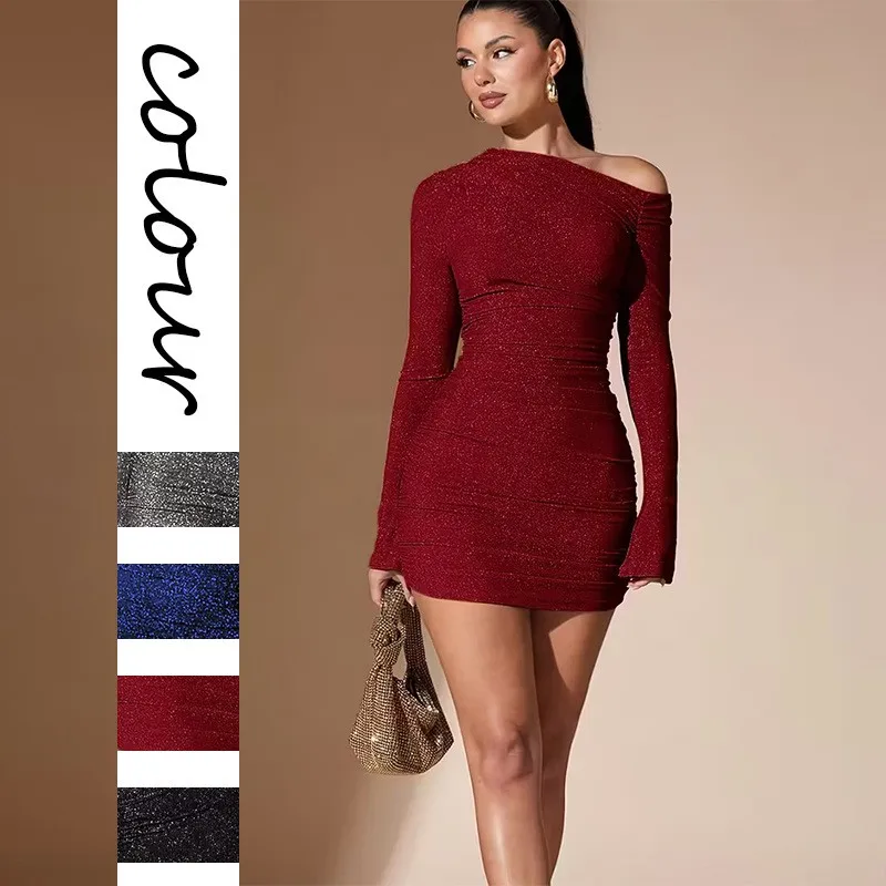 

Prom Dress Women Elegant Guest Wedding Luxury Evening Dress Off Shoulder Long Sleeve Party Dress Red Sparkly Glitter Fabric