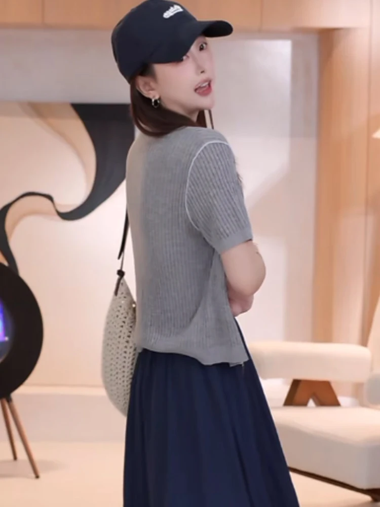 Schicke runde Ne Ice Silk gestrickte ort Sve Cardigan Dual-Reißverschluss-Design koreanische Sle faionable Sommer einfache Strickwaren