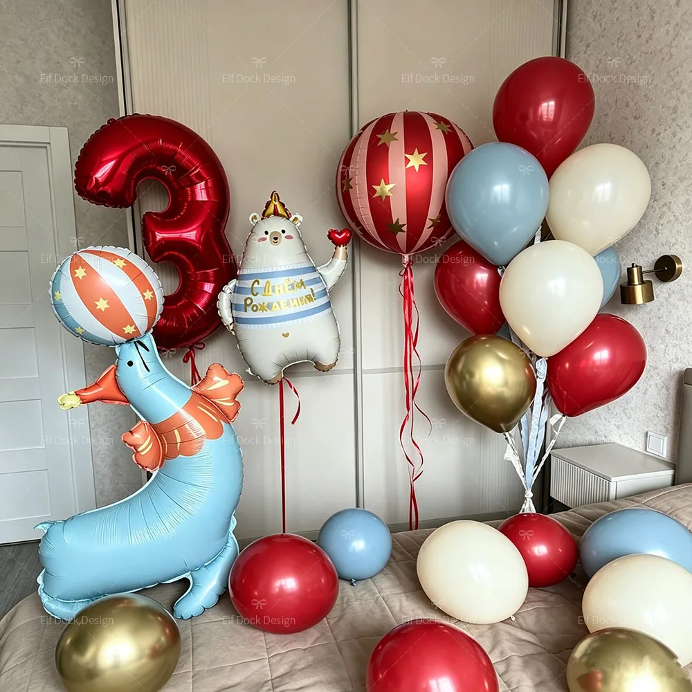 24-teiliges Zirkus-Themen-Set mit Stehenden Seelöwen und Bären Folienballons, Rote Zahlen für Geburtstagsfeier, Jubiläumsdekoration, Partyzubehör und Geschenke