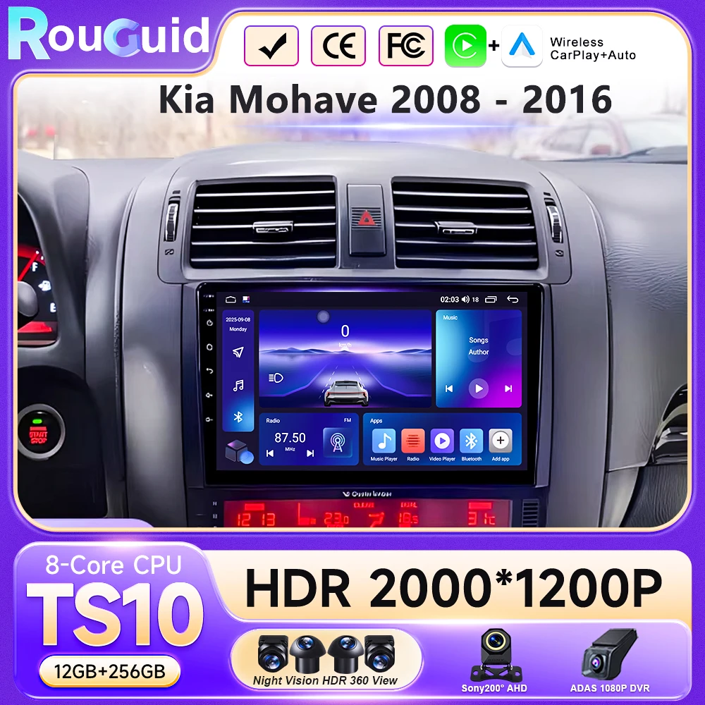 

Car Radio Wireless BT CarPlay For Kia Mohave 2008-2016 Borrego 2008-2011 Android 16 GPS Navigation Multimedia 2K QLED Screen