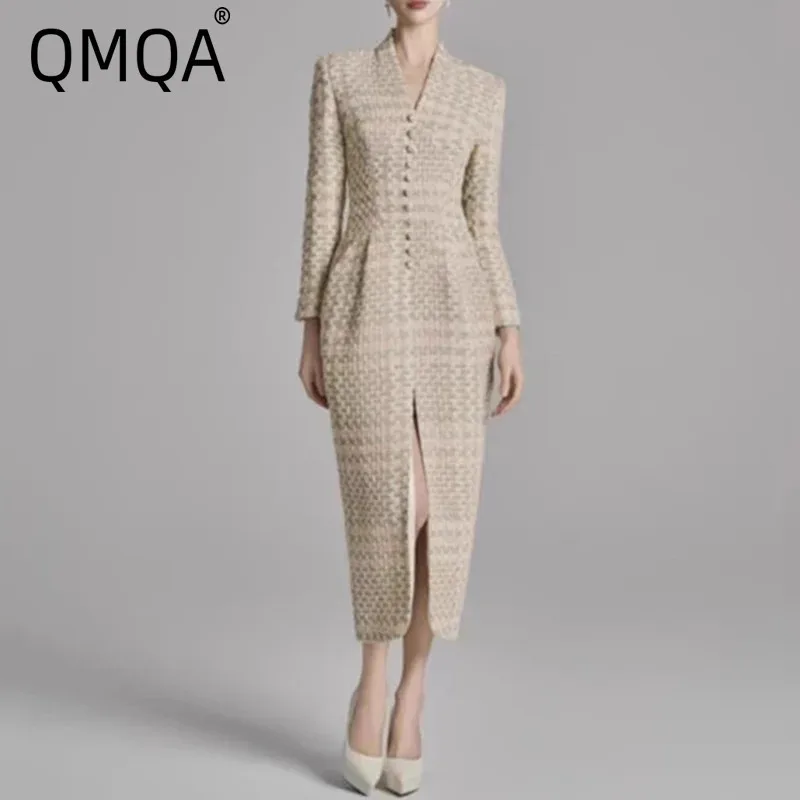 

QMQA Fashion Women's Elegant Woven Tweed Dresses Single Breasted V-neck Slit Long Dress Autumn Female Designer Clothing 1A801