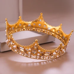 Vintage Gold Royal Crown Round Tiara Bride Head Jewelry Pearl Crystal Hair Accessories Wedding Crown Ornaments Headband Diadem
