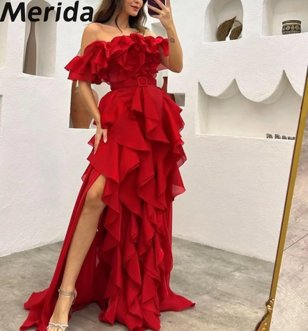 

Off Shoulder Ruffles Prom Dresses 2024 A-Line With Sash Floor-length Sleeveless Formal Occasion Dresses Arabia Vestidos De