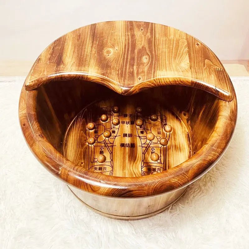 Solid Wood Thermal Foot Bath Bucket, Carbonized Deep Tub for Leg Soaking, Home Foot Massage Basin