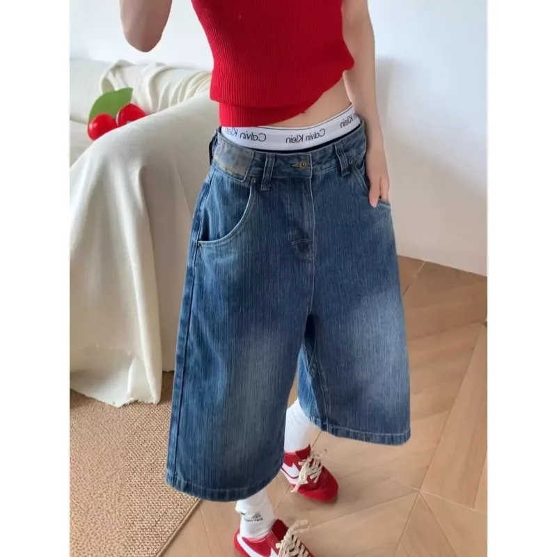 Summer Women's Fashion Button-Up Denim Shorts cool Girl High Waist Half Trousers Wide Leg Streetwear Female Calf-length Pants