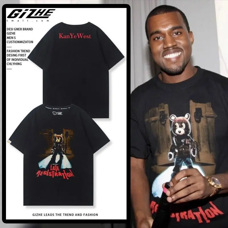 

Kanye West Kanye dropout bear Vintage high street retro men and women couple loose short sleeve T-shirt tide