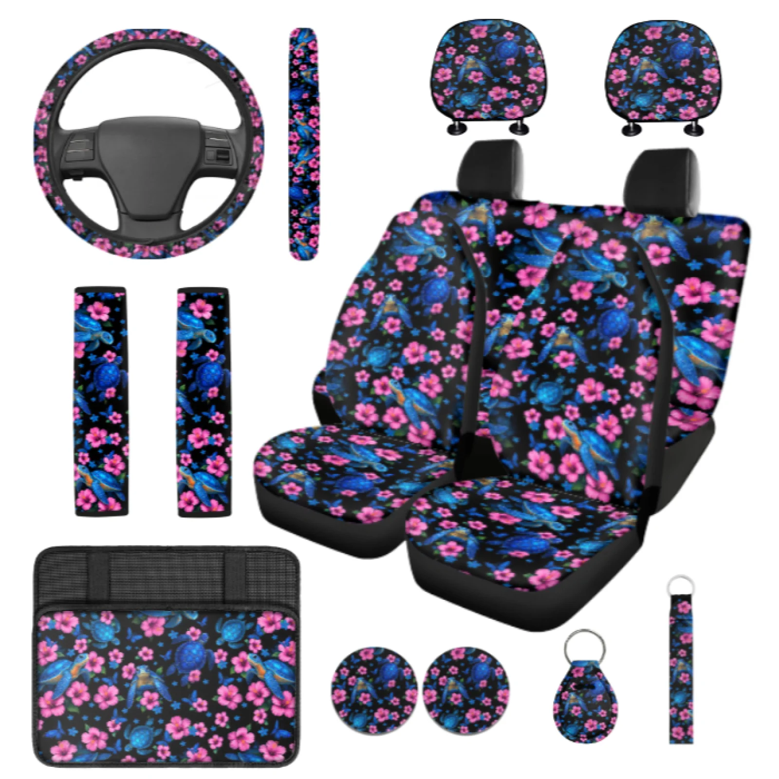 Coloranimal Turtle Flower Sea 14 Packs Car Seat Covers Set with Comfortable Car Cup Pad and Key Pendant for Car Interior