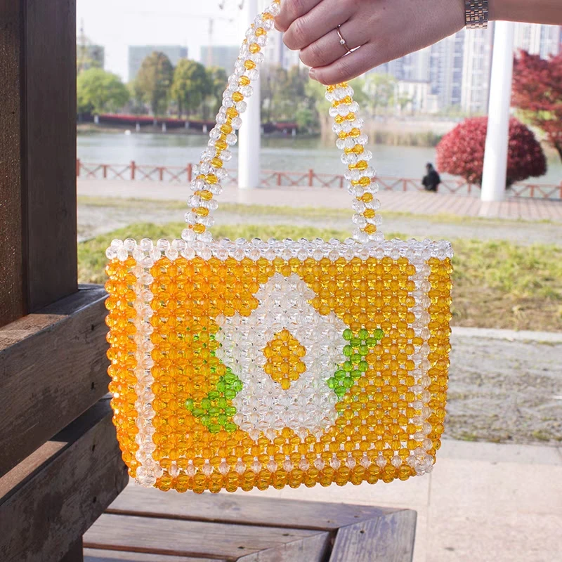 Clear Acrylic Beaded Handbag Fashion Orange Crystal Bead Peony Flower Pearl Bag Retro Top-handle Shoulder Bag Evening Clutch Bag