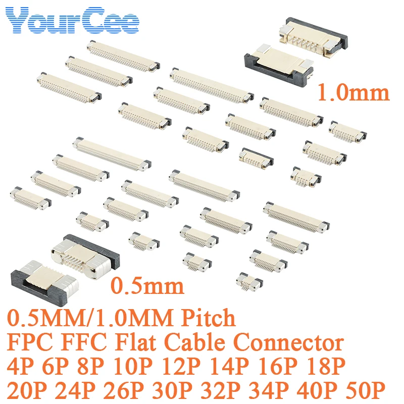 10 Peças Conector de Cabo Plano FPC FFC de Soquete Superior com Passo de 0.5mm/1.0mm 4P 5P 6P 8P 10P 12P 14P 16P 20P 22P 24P 30P 34P 40P 50P