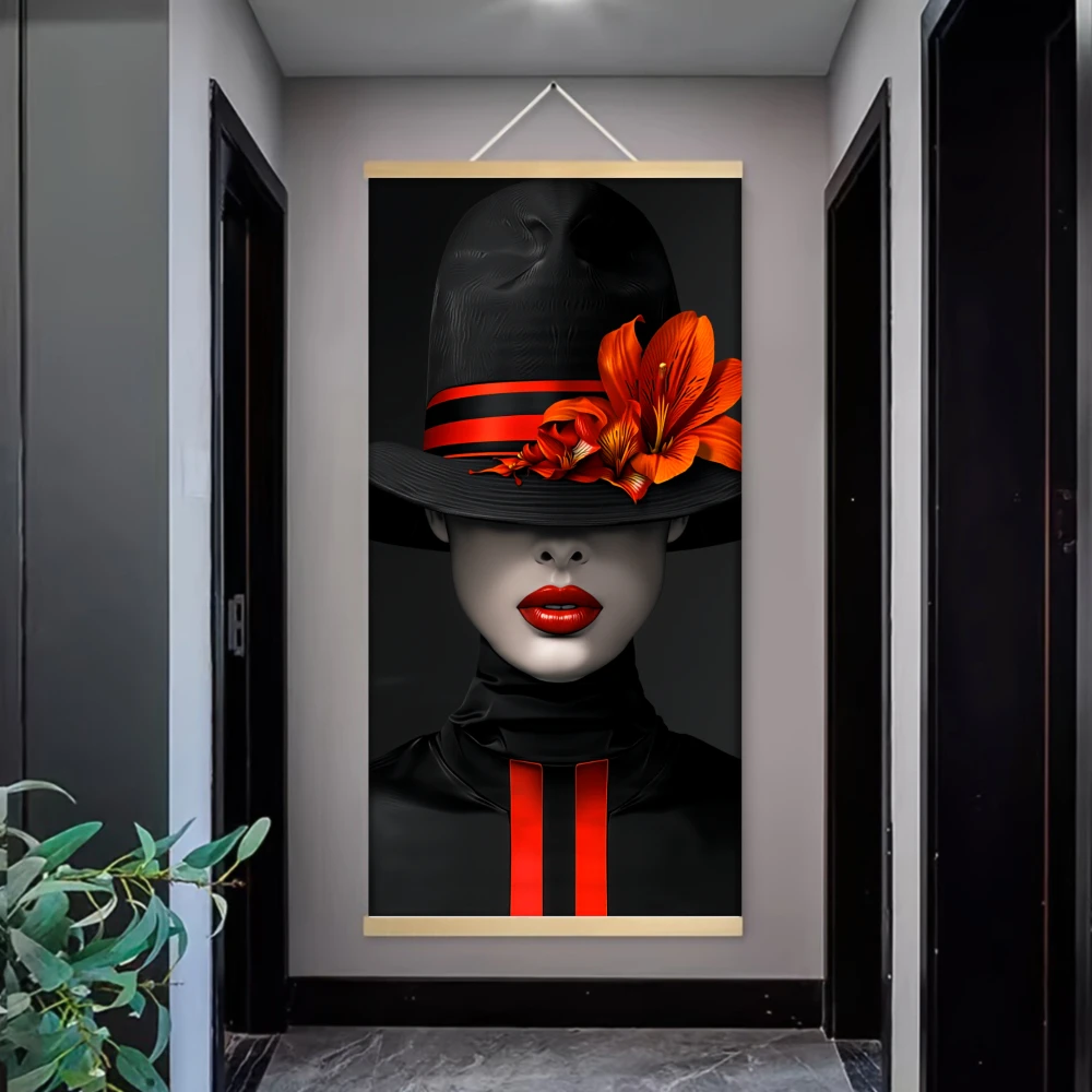 1pcs Abstract Woman Scroll Hanger Canvas Painting Poster Prints Bright Red Lips and Flower Hat on Black Background Wall Decor