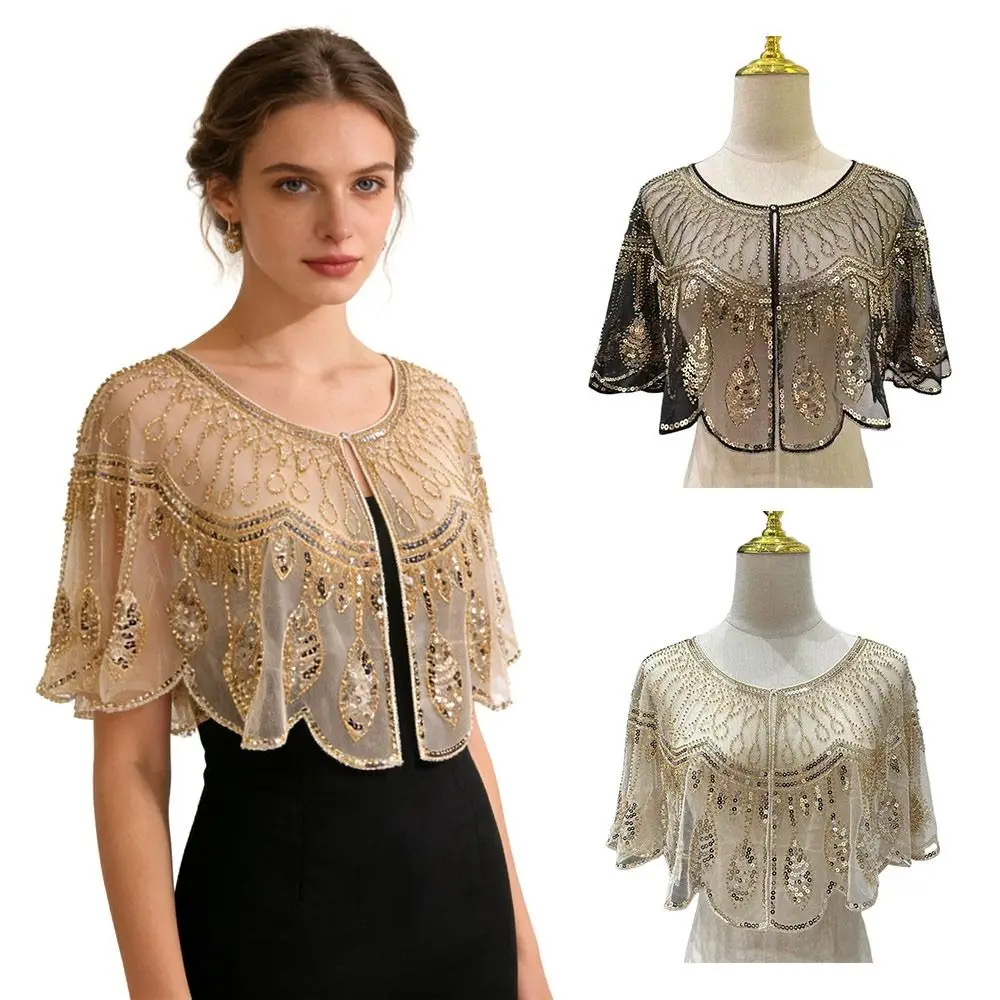 

Vintage 1920s Flapper Shawl With Dress Sequin Cape Short Cape Floral Embroidery Evening Wrap