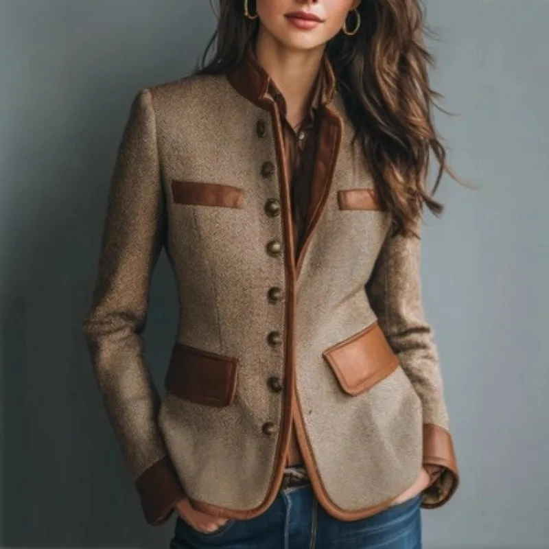 Vintage Autumn Winter Women Color Blocked PU Patchwork Suit Jacket French Style Elegant Button Up Cardigan Nizi Coat for Women