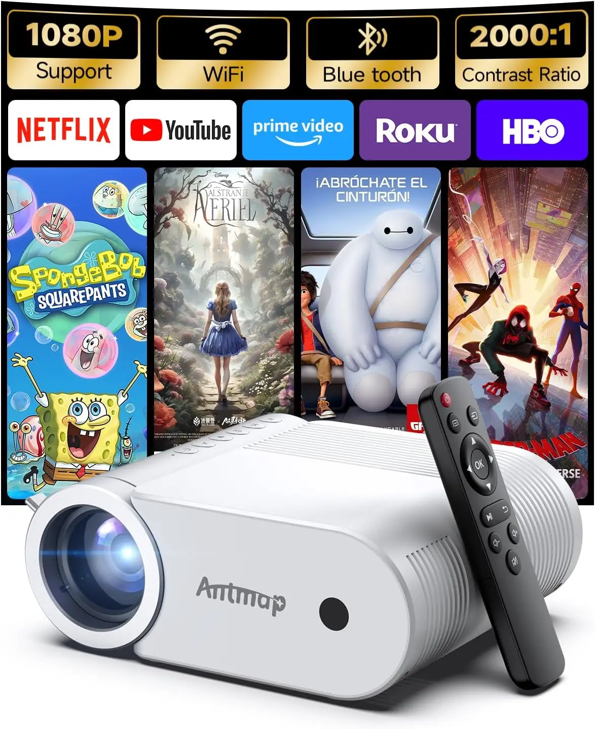 

Mini Projector with WiFi and Bluetooth, 400 ANSI Portable Native 1080P 4K Support Home Theater for Outdoor, 200" Display for