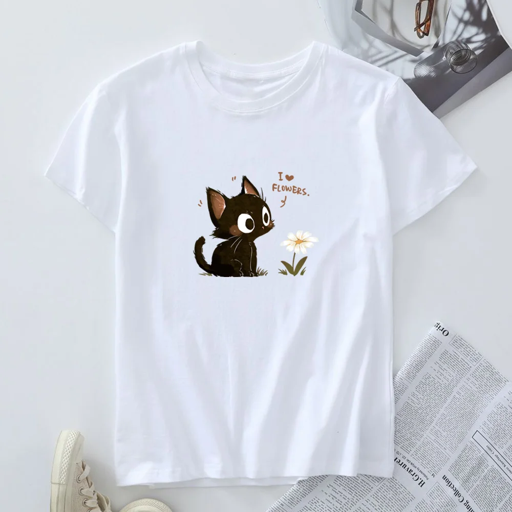 Damska bawełniana koszulka T-shirt Moda Kawaii Harajuku Kot Grafika T-shirty Letnie Krótkie Rękawy Damskie Koszulki Topy Odzież Damska — zdjęcie 3