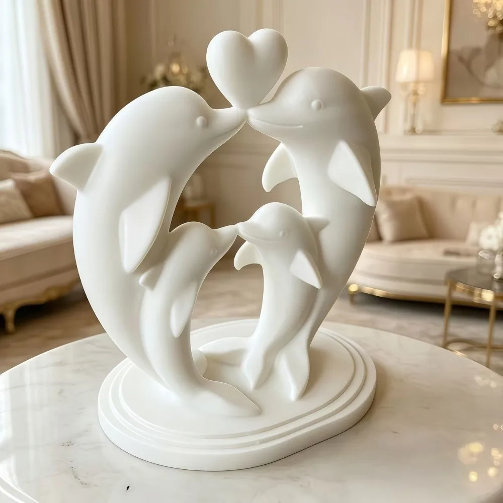 Heart-shape 3D Printed Dolphin Statue Cartoon Smooth Curved Dolphin Family Sculpture Plastic Dolphin Desktop Ornament Office