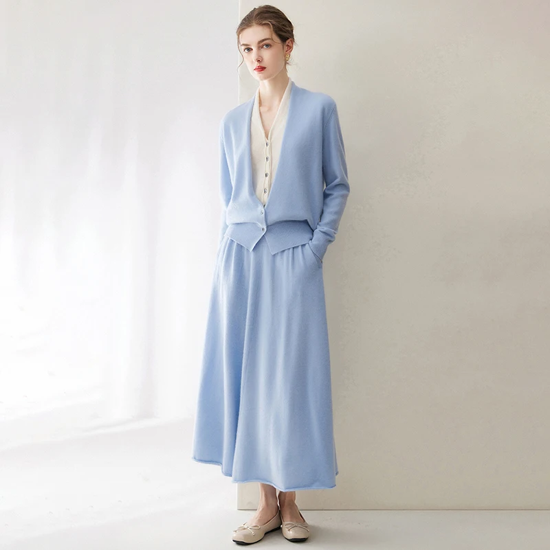 Women's Autumn Winter 100%  Cashmere Suit Fake Two-piece Cardigan Knit Sweater V-neck Color Block Jacket High Waisted Skirt Set