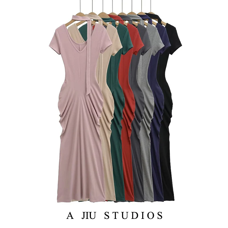 

Sexy Pure Desire ort Sve V-Ne Draped Waist Long Dr Women's Summer Slimming Hip Enhancing Body Contouring Dr