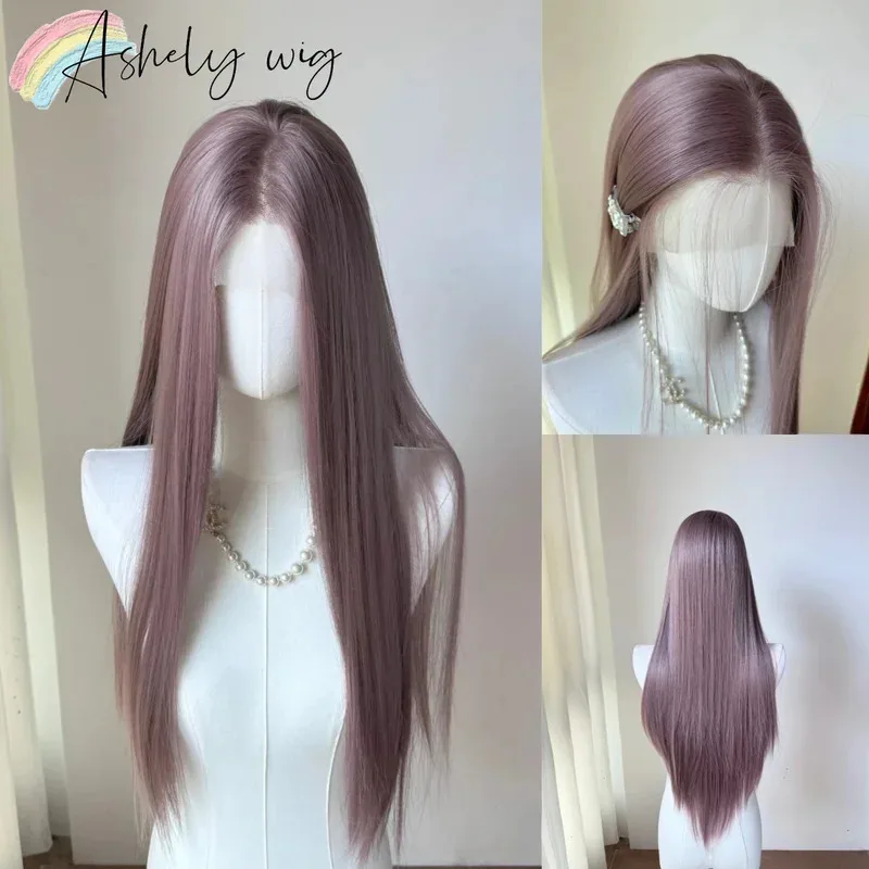 Doce 2025 rosa roxo 13x4 perucas 26 polegada longa reta haiti uso diário wear and go peruca dianteira do laço sem cola sintético la
