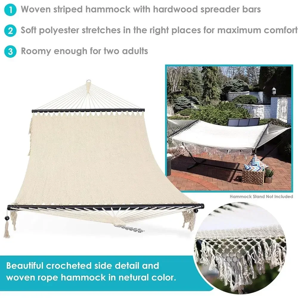 600-Pound Capacity Double Hammock with Crocheted Edges and Spreader Bars for Outdoor or Tree Use