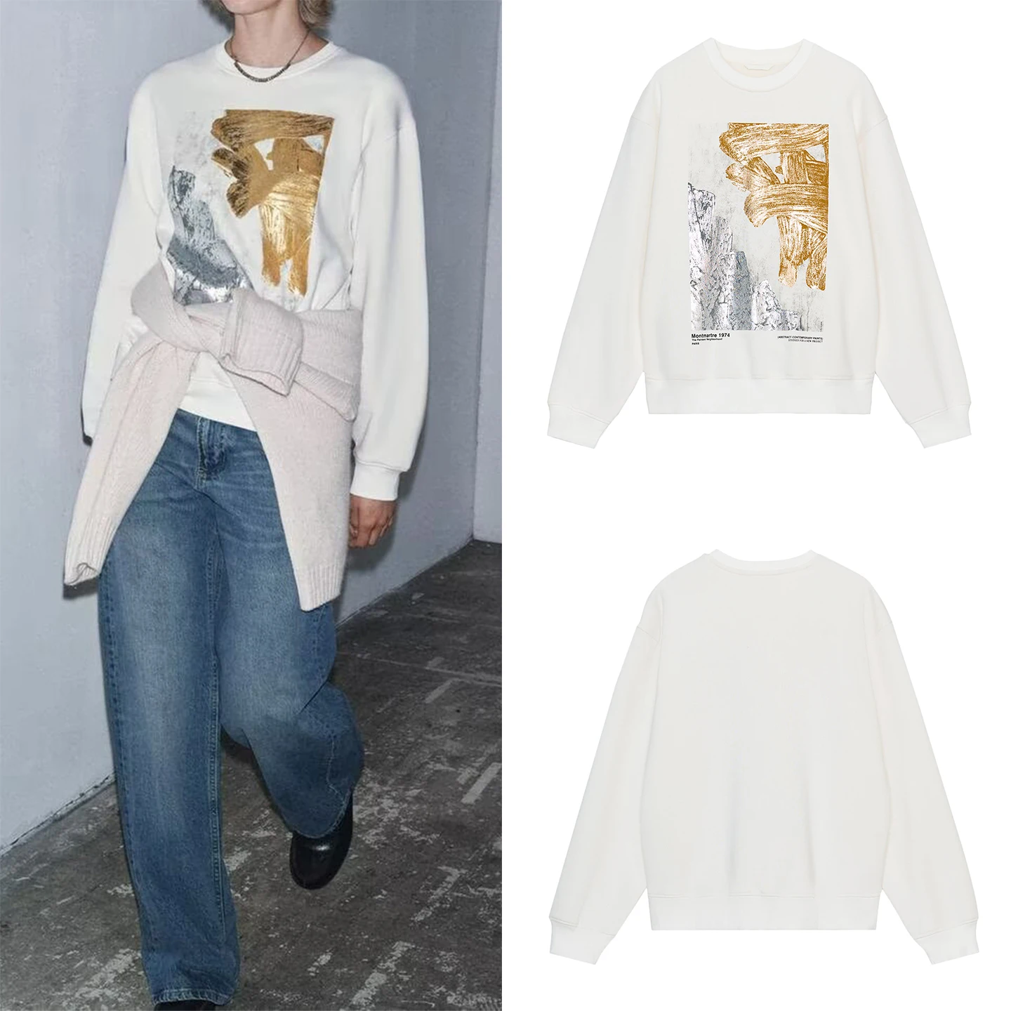 Mole Casual Estiloso com Estampa Metálica para Mulheres, Estilo Outono 2025, Z, Ajuste Solto, Manga Longa, Decote Red...