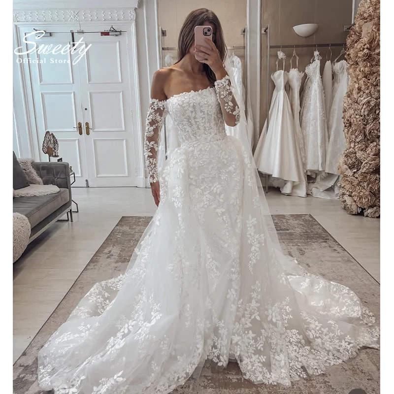 Detachable Train Wedding Dresses Organza With Embroidery Lace Mermaid Long Sleeve Wedding  Gown Strapless Customized Bride Dress