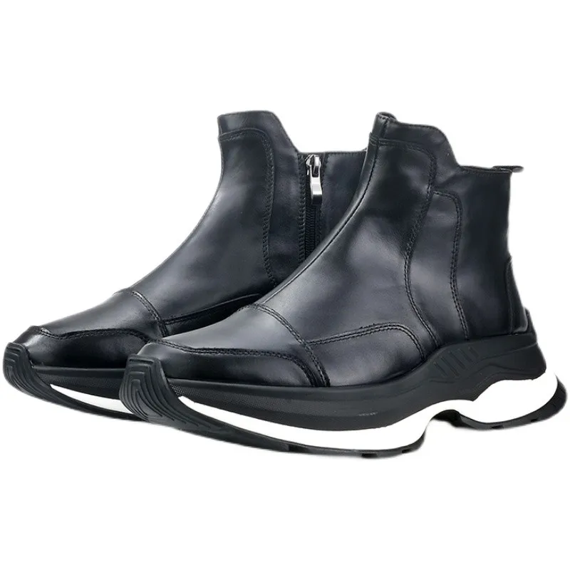 JINIWU 2026 Autumn Winter Men Thick Sole Short Leather Boots Genuine Leather Line Design Zipper Height Increasing Sports Boots