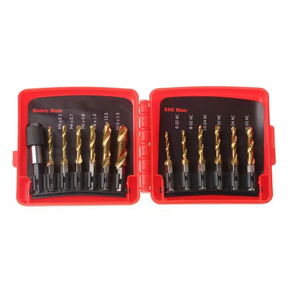 Binoax 13 PCS Combination Drill Bit Set with Quick Change Adapter SAE/Metric Titanium Coated Screw Tapping Bit Tools