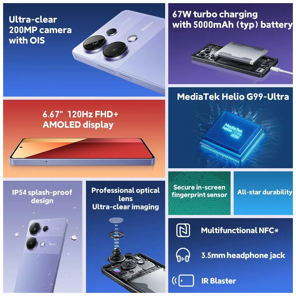 [World Premiere] Global Version Xiaomi Redmi Note 13 Pro 4G 200MP OIS Camera 67W Helio G99 Ultra Smartphone 5 NFC 120Hz AMOLED