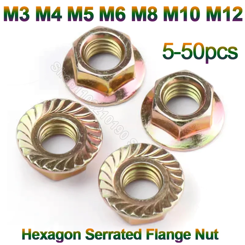 

5-50Pcs M3 M4 M5 M6 M8 M10 M12 Color Zinc Steel Hex Hexagonal Serrated Spinlock Flange Nut Automatic Locking Lock Nuts DIN6923