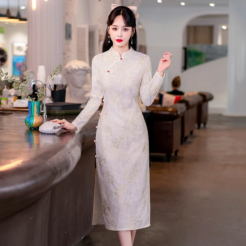 

High-end Chinese Traditional Cheongsam Good Quality Elegant And Pretty Women's Improved Long Sleeve Qipao Dress Modern Clothing